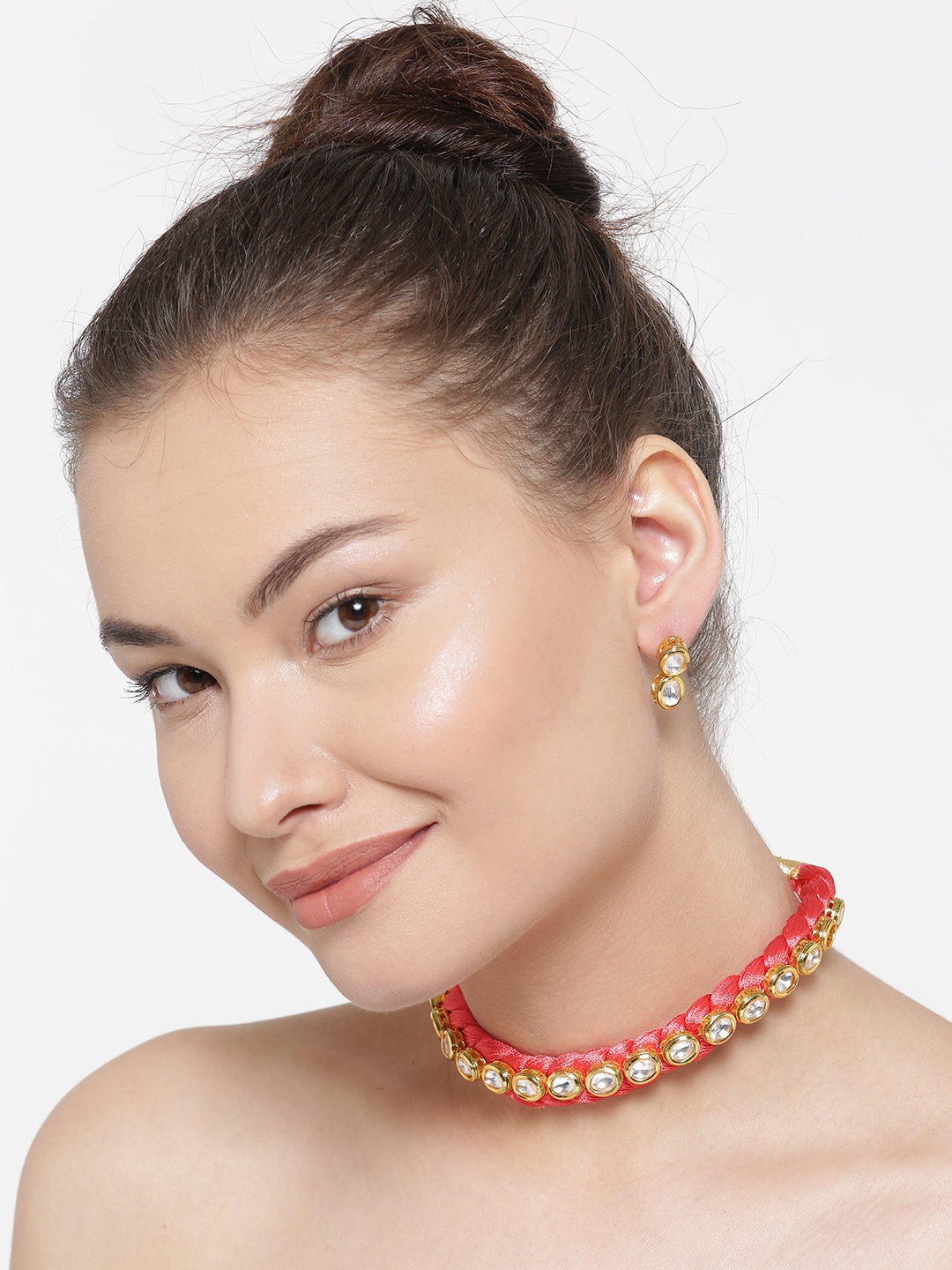 YouBella Coral Pink  Gold-Toned Stone-Studded Beaded Jewellery Set